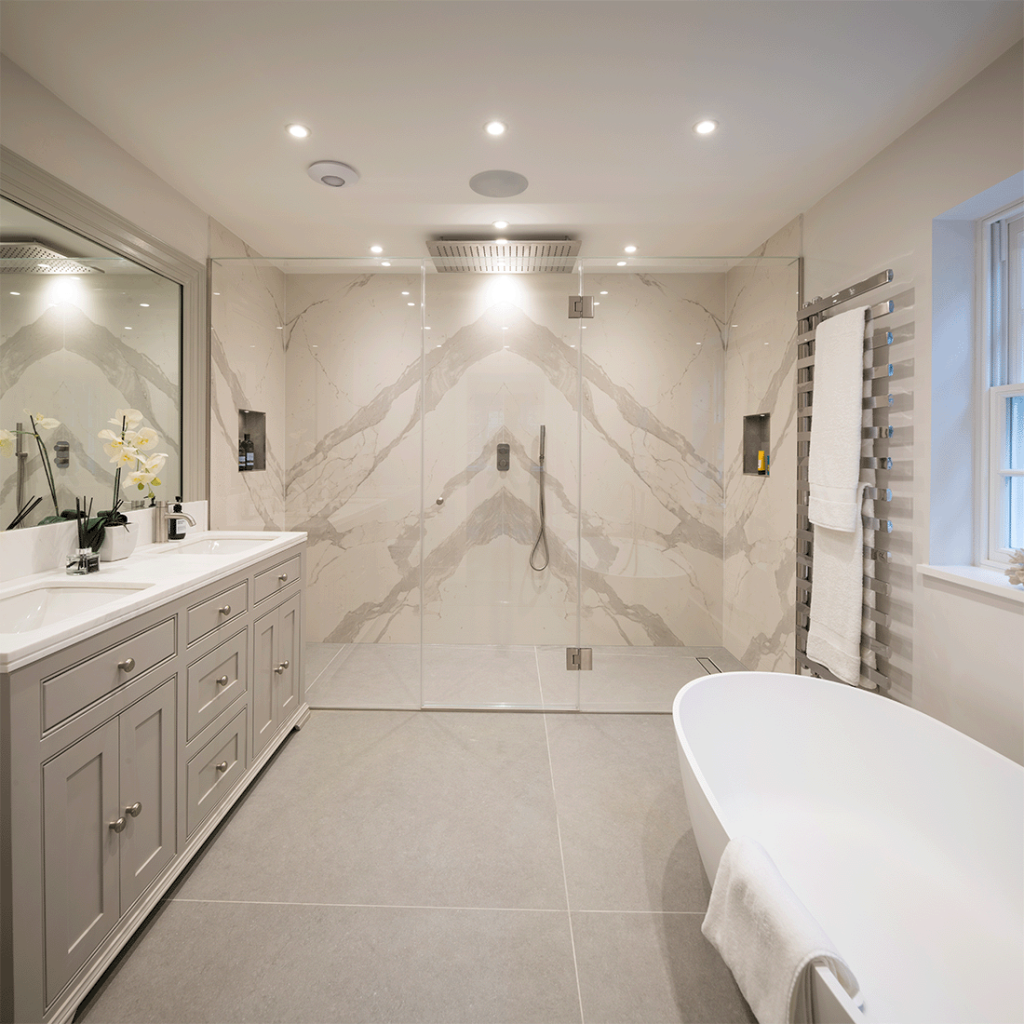 Coliseum Statuario Bookmatched slab porcelain marble-effect tile