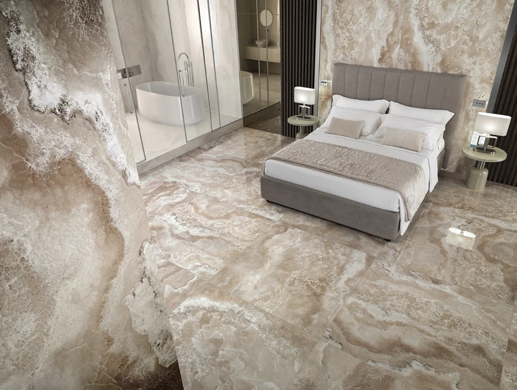 Nubi Champagne onyx effect porcelain slabs on walls, 120x120 tiles on the floor